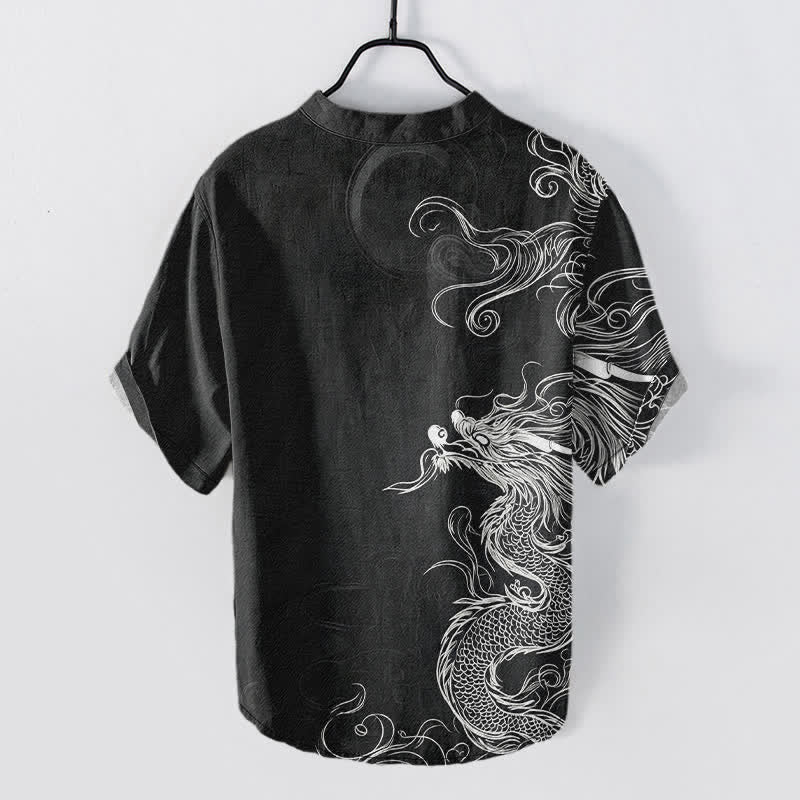Nimara Ritual Cotton Large White Dragon Pattern Men's Short Sleeve Half Button Shirt