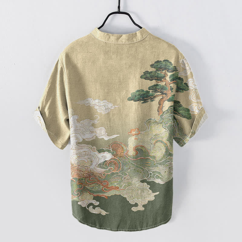 Nimara Ritual Cotton Ink Pine Wave Pattern Men's Short Sleeve Half Button Shirt