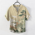 Nimara Ritual Cotton Ink Pine Wave Pattern Men's Short Sleeve Half Button Shirt