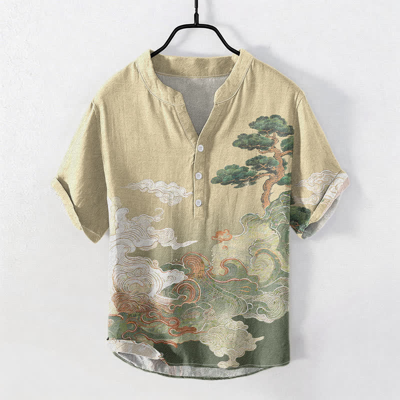 Nimara Ritual Cotton Ink Pine Wave Pattern Men's Short Sleeve Half Button Shirt