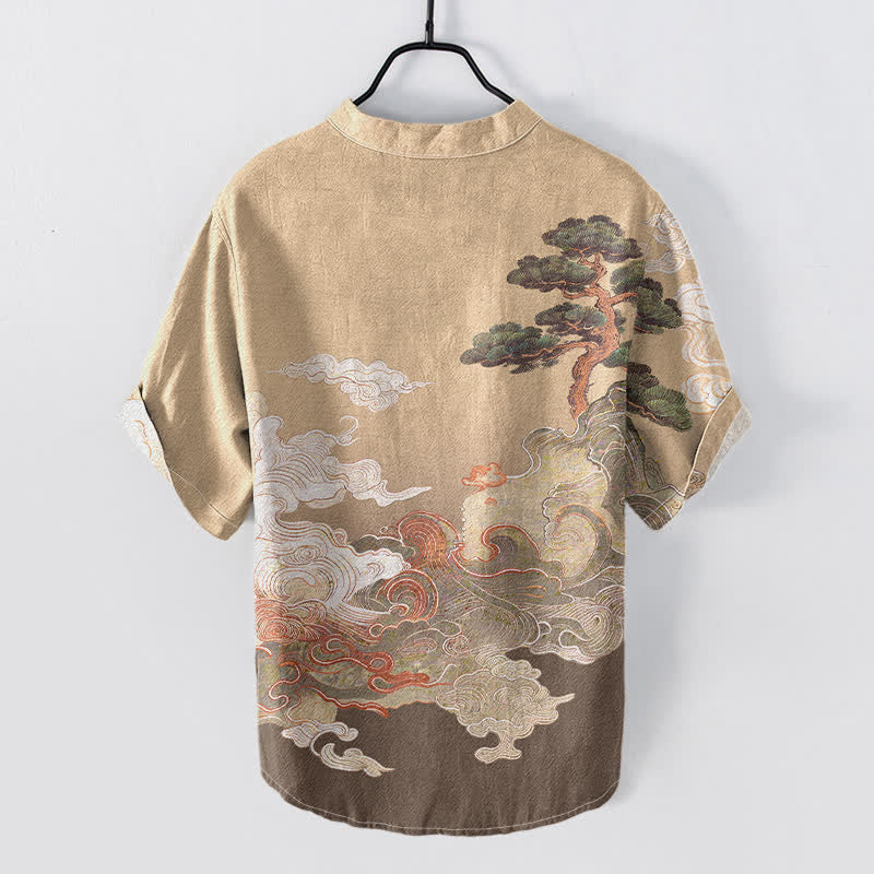 Nimara Ritual Cotton Ink Pine Wave Pattern Men's Short Sleeve Half Button Shirt