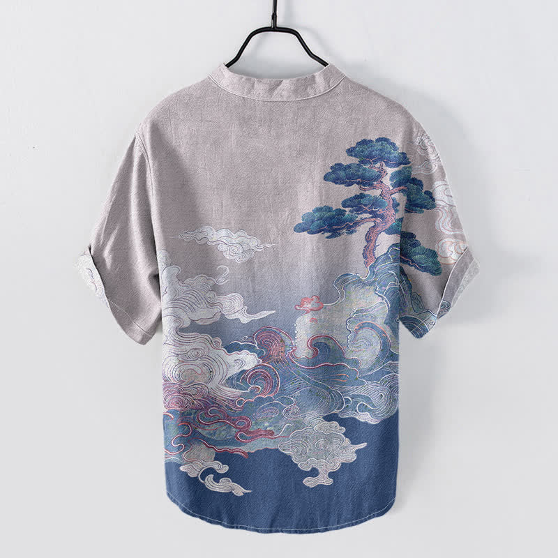 Nimara Ritual Cotton Ink Pine Wave Pattern Men's Short Sleeve Half Button Shirt