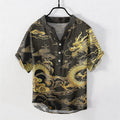 Nimara Ritual Cotton Golden Dragon Cloud Pattern Men's Short Sleeve Half Button Shirt