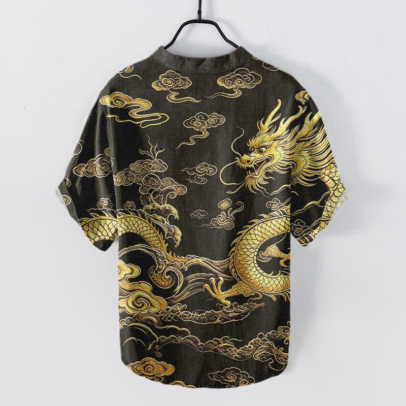 Nimara Ritual Cotton Golden Dragon Cloud Pattern Men's Short Sleeve Half Button Shirt