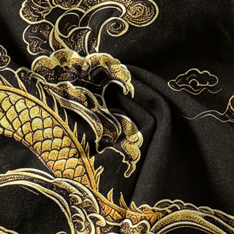 Nimara Ritual Cotton Golden Dragon Cloud Pattern Men's Short Sleeve Half Button Shirt