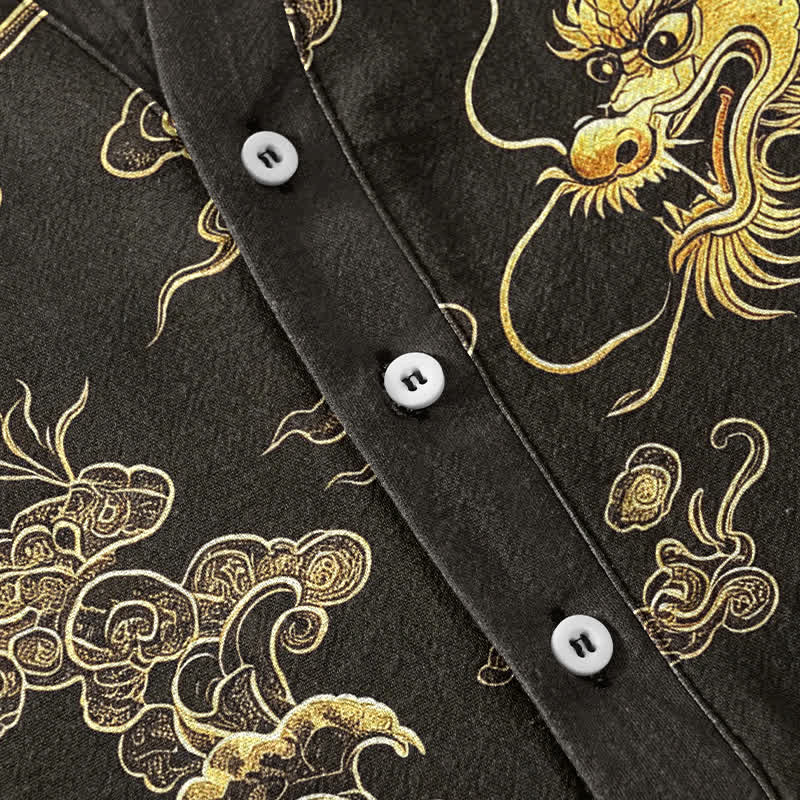 Nimara Ritual Cotton Golden Dragon Cloud Pattern Men's Short Sleeve Half Button Shirt