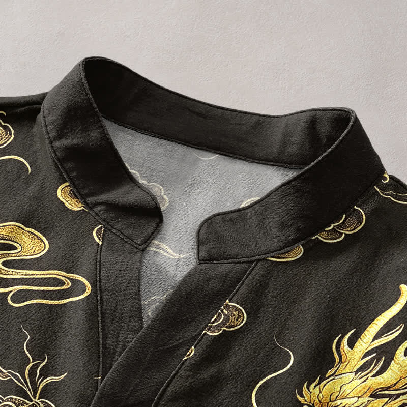 Nimara Ritual Cotton Golden Dragon Cloud Pattern Men's Short Sleeve Half Button Shirt