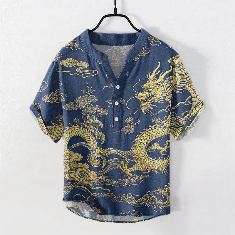 Nimara Ritual Cotton Golden Dragon Cloud Pattern Men's Short Sleeve Half Button Shirt