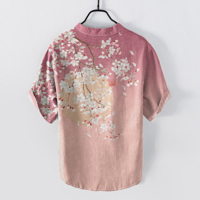 Nimara Ritual Pure Cotton Cherry Blossom Watercolor Pattern Men's Short Sleeve Half Button Shirt