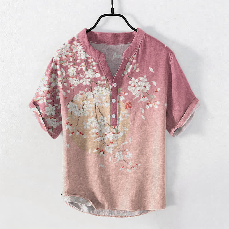 Nimara Ritual Pure Cotton Cherry Blossom Watercolor Pattern Men's Short Sleeve Half Button Shirt