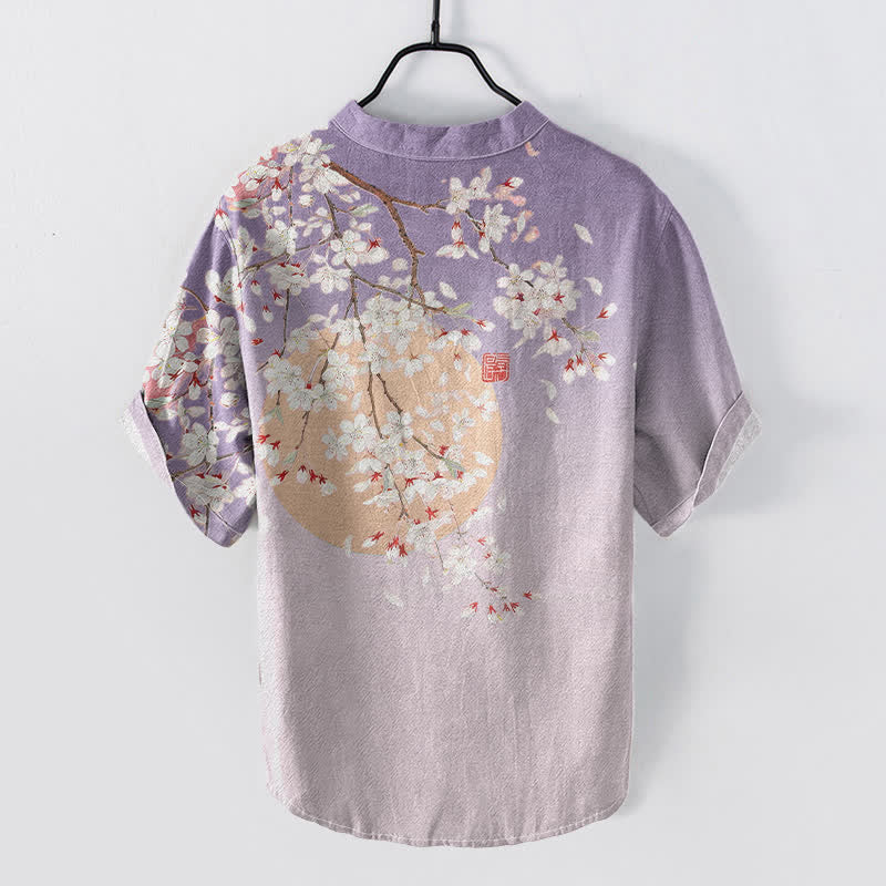 Nimara Ritual Pure Cotton Cherry Blossom Watercolor Pattern Men's Short Sleeve Half Button Shirt