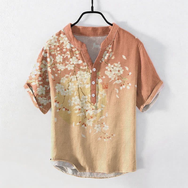 Nimara Ritual Pure Cotton Cherry Blossom Watercolor Pattern Men's Short Sleeve Half Button Shirt