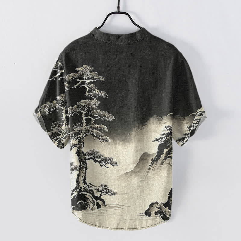 Nimara Ritual Cotton Ink Wash Landscape Pattern Men's Short Sleeve Half Button Shirt