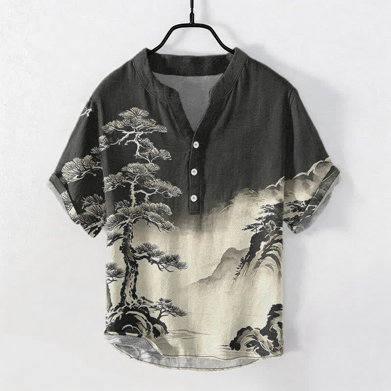 Nimara Ritual Cotton Ink Wash Landscape Pattern Men's Short Sleeve Half Button Shirt