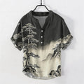Nimara Ritual Cotton Ink Wash Landscape Pattern Men's Short Sleeve Half Button Shirt