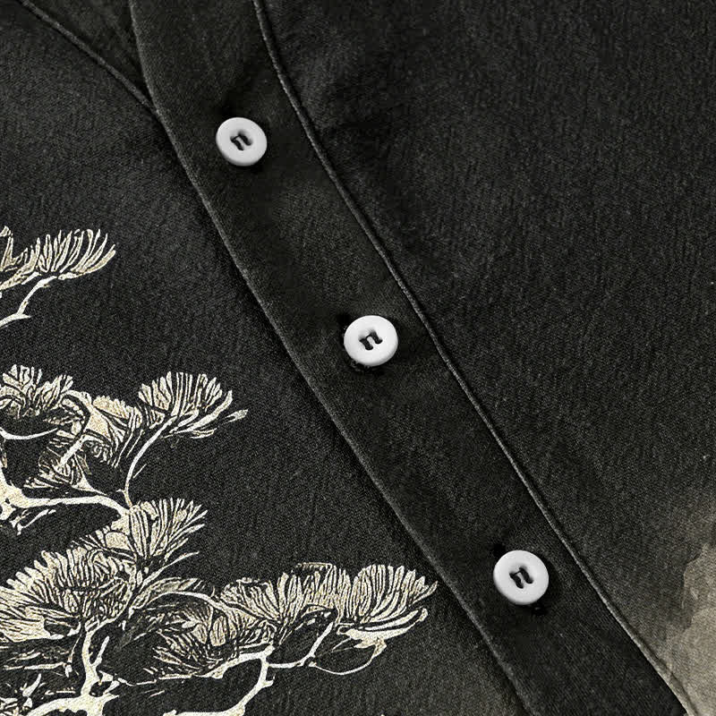 Nimara Ritual Cotton Ink Wash Landscape Pattern Men's Short Sleeve Half Button Shirt
