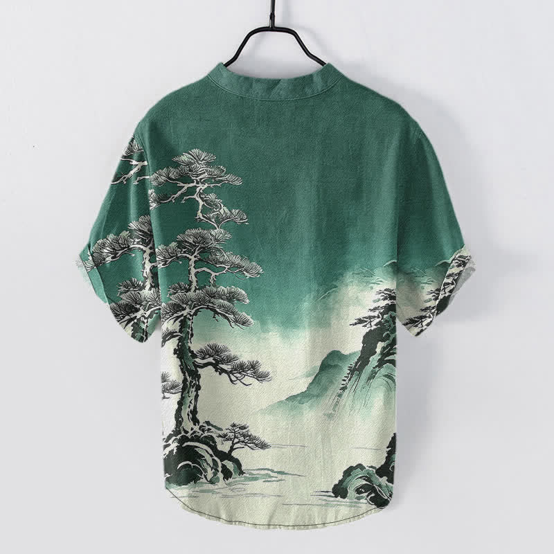 Nimara Ritual Cotton Ink Wash Landscape Pattern Men's Short Sleeve Half Button Shirt