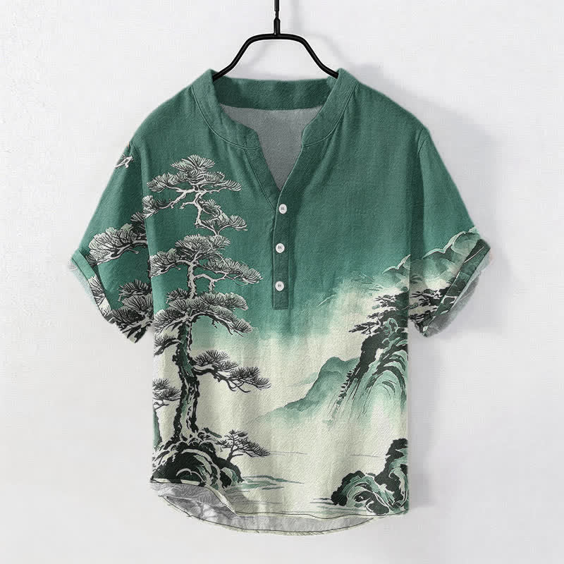 Nimara Ritual Cotton Ink Wash Landscape Pattern Men's Short Sleeve Half Button Shirt