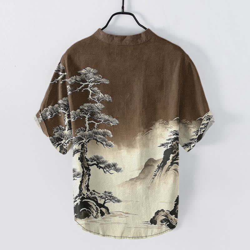 Nimara Ritual Cotton Ink Wash Landscape Pattern Men's Short Sleeve Half Button Shirt