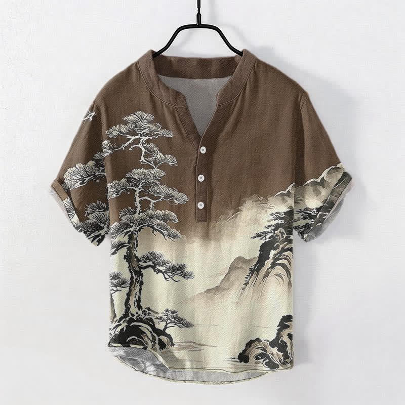 Nimara Ritual Cotton Ink Wash Landscape Pattern Men's Short Sleeve Half Button Shirt