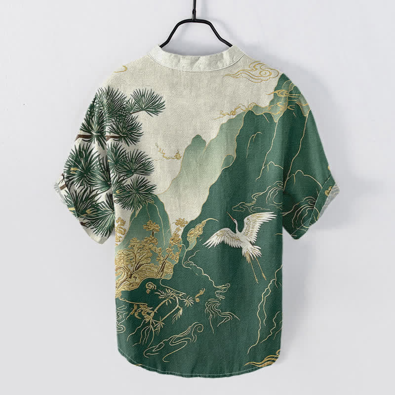 Nimara Ritual Cotton Oriental Mountain Crane Landscape Pattern Men's Short Sleeve Half Button Shirt