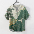 Nimara Ritual Cotton Oriental Mountain Crane Landscape Pattern Men's Short Sleeve Half Button Shirt