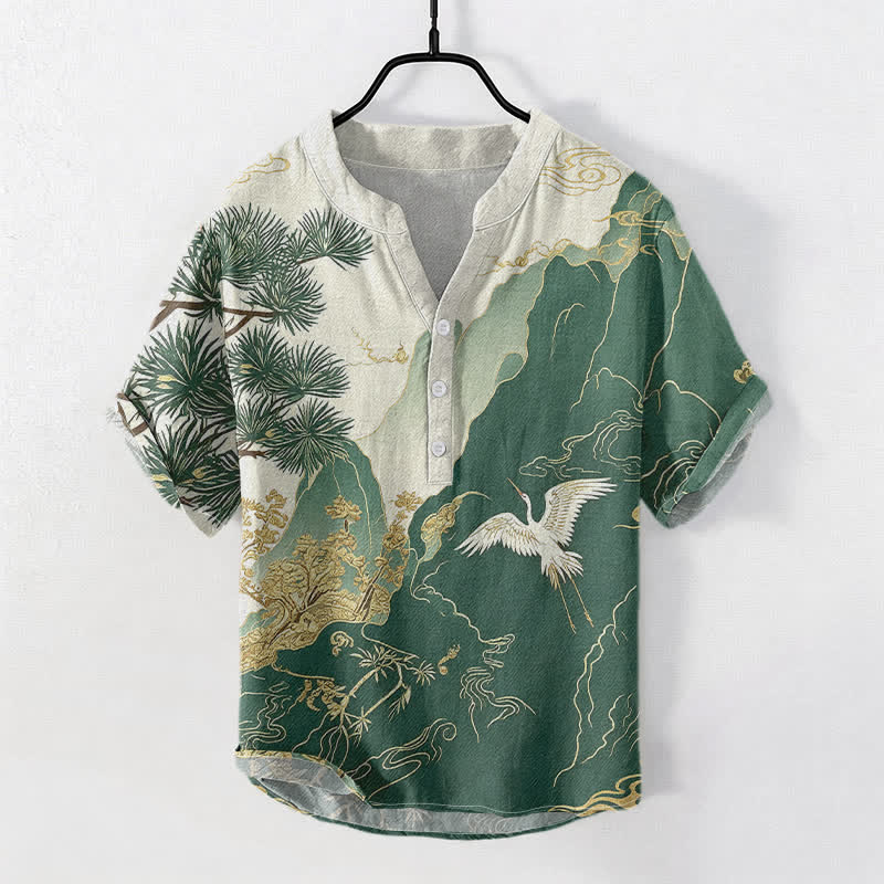 Nimara Ritual Cotton Oriental Mountain Crane Landscape Pattern Men's Short Sleeve Half Button Shirt