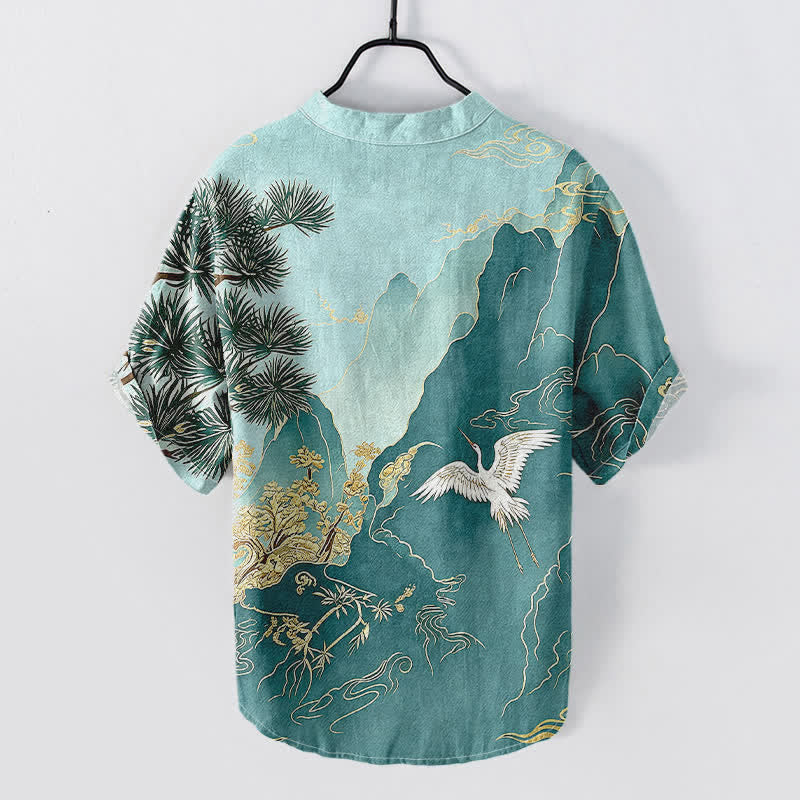 Nimara Ritual Cotton Oriental Mountain Crane Landscape Pattern Men's Short Sleeve Half Button Shirt