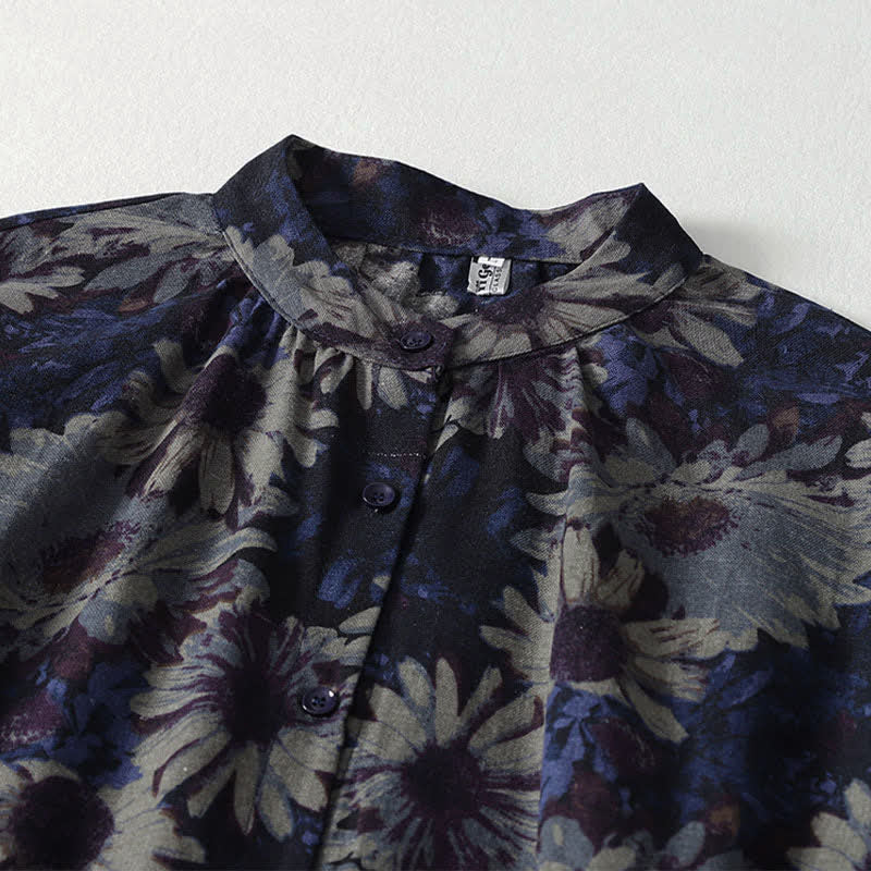 Nimara Ritual Spring Vintage Mandarin Collar Button-Up Floral Print Women's Elbow-Length Sleeve Dress With Pockets