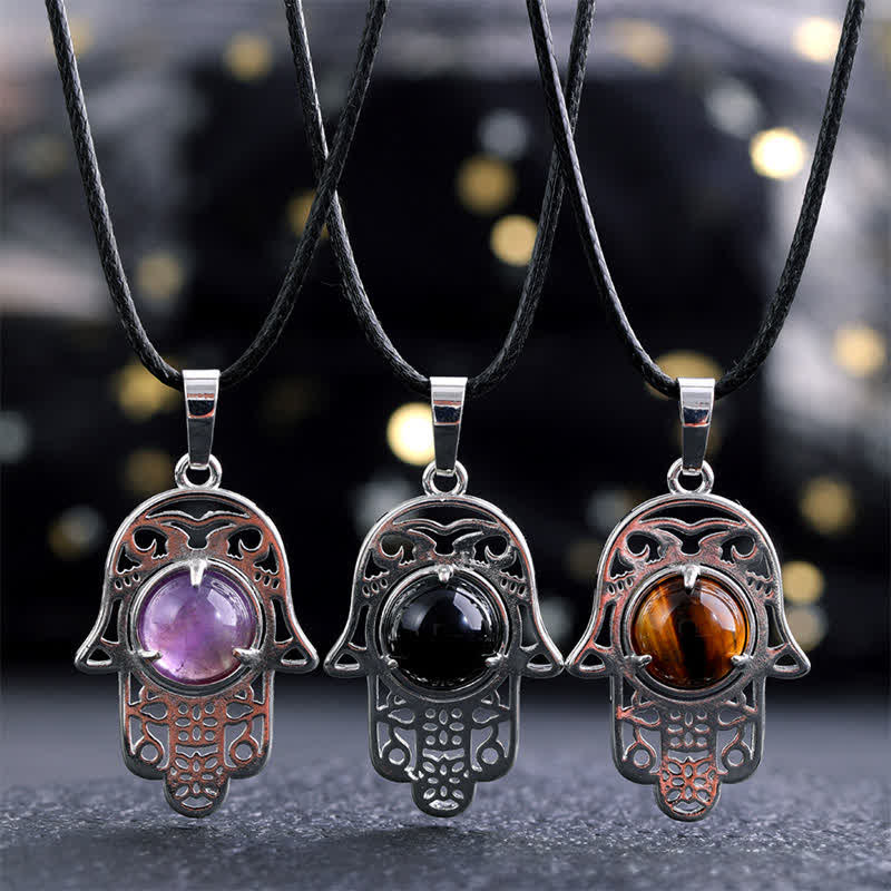 Nimara Ritual Natural Black Obsidian Hamsa Palm Inlay Crystal Strength Necklace