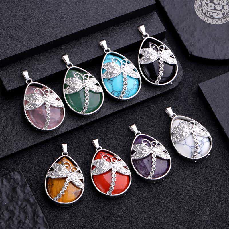 Nimara Ritual Natural Green Aventurine Dragonfly Teardrop Shape Inlay Crystal Balance Necklace