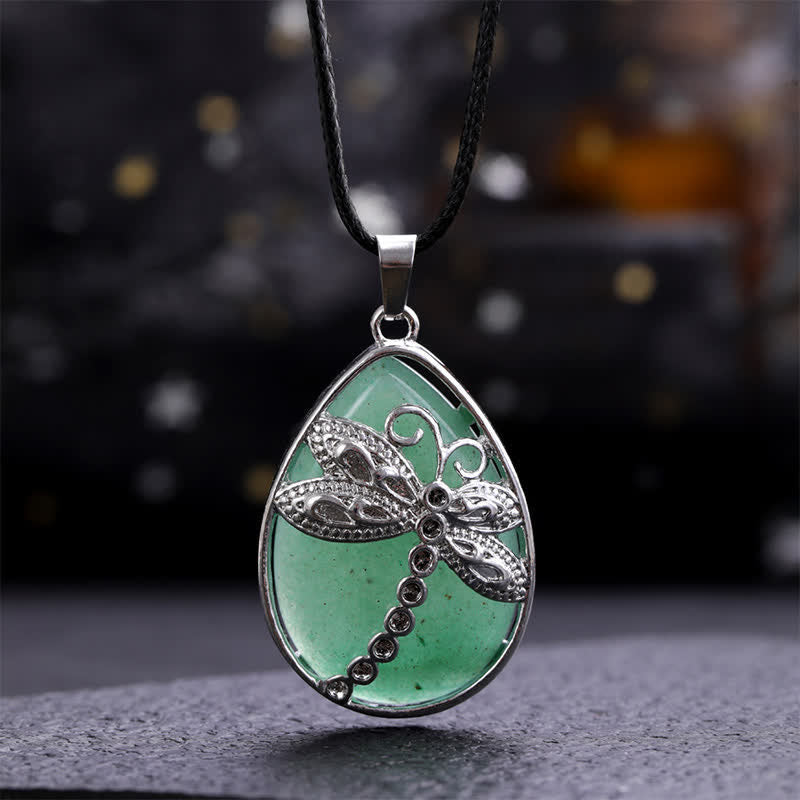 Nimara Ritual Natural Green Aventurine Dragonfly Teardrop Shape Inlay Crystal Balance Necklace