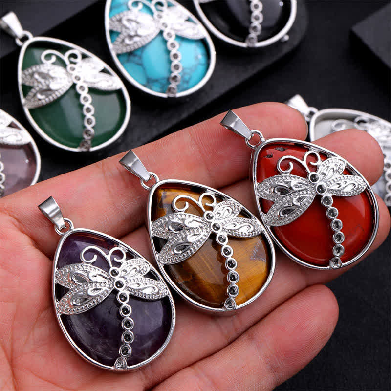 Nimara Ritual Natural Green Aventurine Dragonfly Teardrop Shape Inlay Crystal Balance Necklace