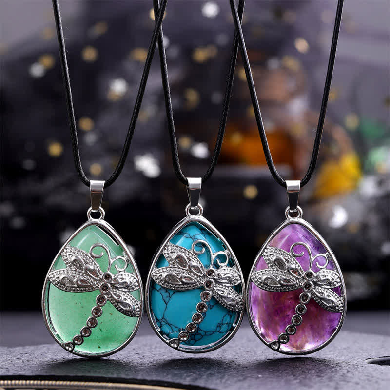 Nimara Ritual Natural Green Aventurine Dragonfly Teardrop Shape Inlay Crystal Balance Necklace