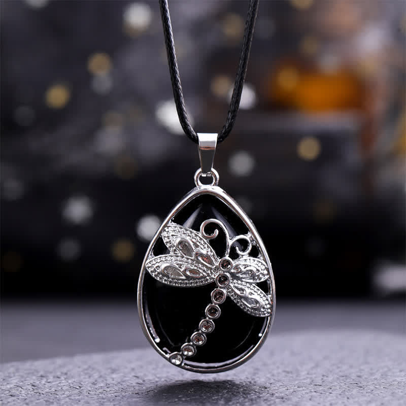 Nimara Ritual Natural Green Aventurine Dragonfly Teardrop Shape Inlay Crystal Balance Necklace