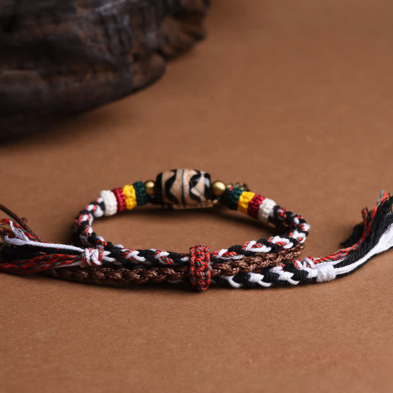 Nimara Ritual Dzi Beads Om Mani Padme Hum Double Wrap Braided Rope Peace Bracelet