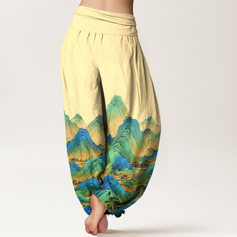 Nimara Ritual Pure Cotton Blue Green Mountain Landscape Pattern Women's Elastic Waist Harem Pants