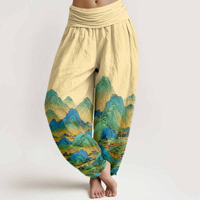 Nimara Ritual Pure Cotton Blue Green Mountain Landscape Pattern Women's Elastic Waist Harem Pants