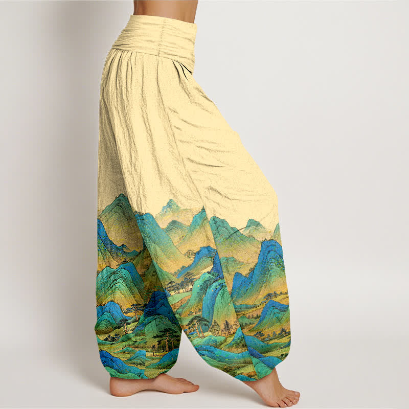 Nimara Ritual Pure Cotton Blue Green Mountain Landscape Pattern Women's Elastic Waist Harem Pants