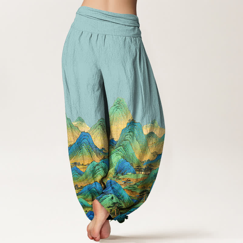 Nimara Ritual Pure Cotton Blue Green Mountain Landscape Pattern Women's Elastic Waist Harem Pants