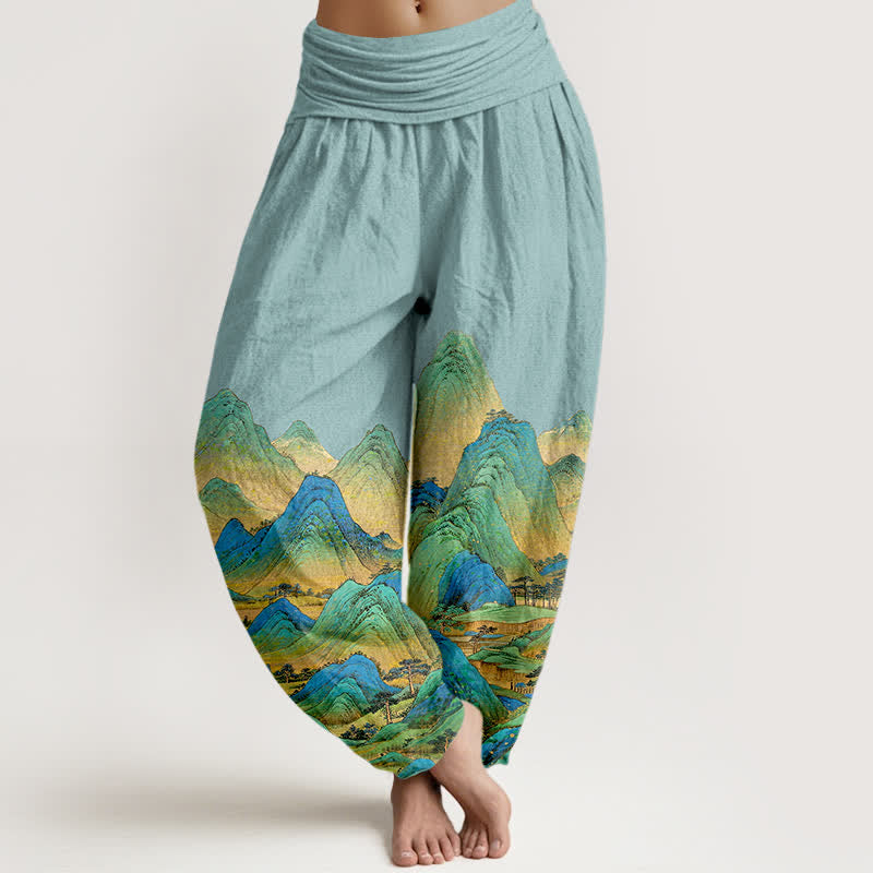 Nimara Ritual Pure Cotton Blue Green Mountain Landscape Pattern Women's Elastic Waist Harem Pants