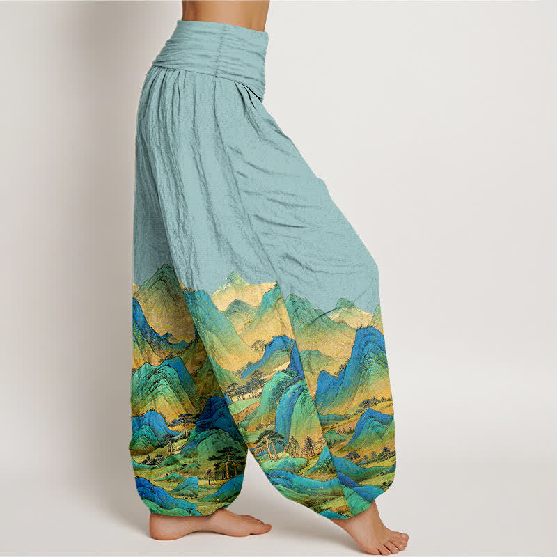 Nimara Ritual Pure Cotton Blue Green Mountain Landscape Pattern Women's Elastic Waist Harem Pants