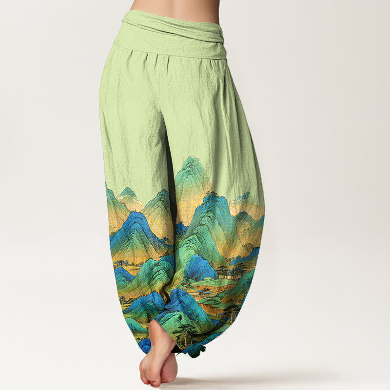 Nimara Ritual Pure Cotton Blue Green Mountain Landscape Pattern Women's Elastic Waist Harem Pants