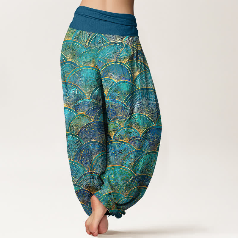 Nimara Ritual Pure Cotton Turquoise Fan Pattern Women's Elastic Waist Harem Pants