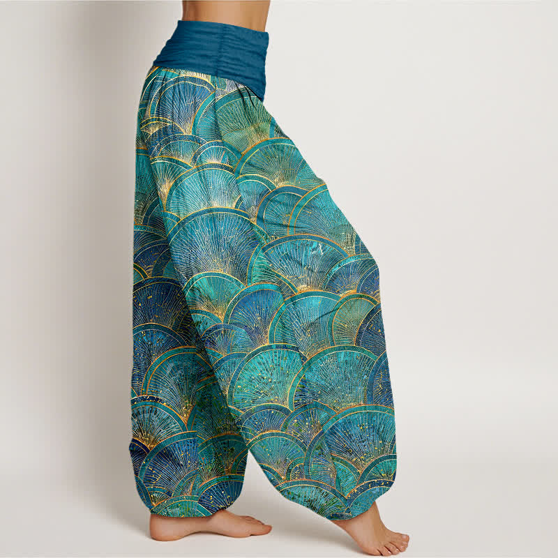 Nimara Ritual Pure Cotton Turquoise Fan Pattern Women's Elastic Waist Harem Pants