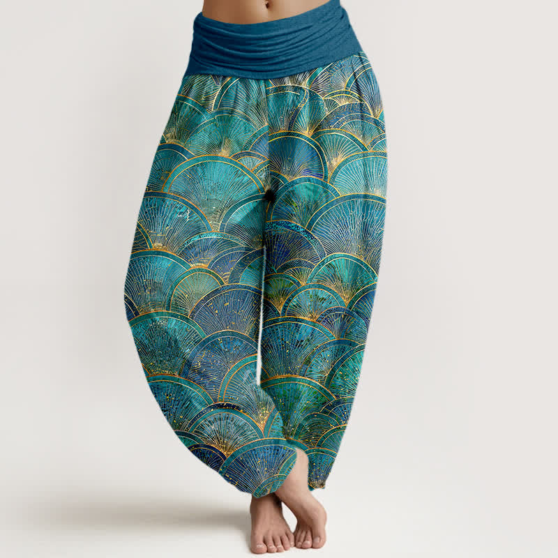Nimara Ritual Pure Cotton Turquoise Fan Pattern Women's Elastic Waist Harem Pants