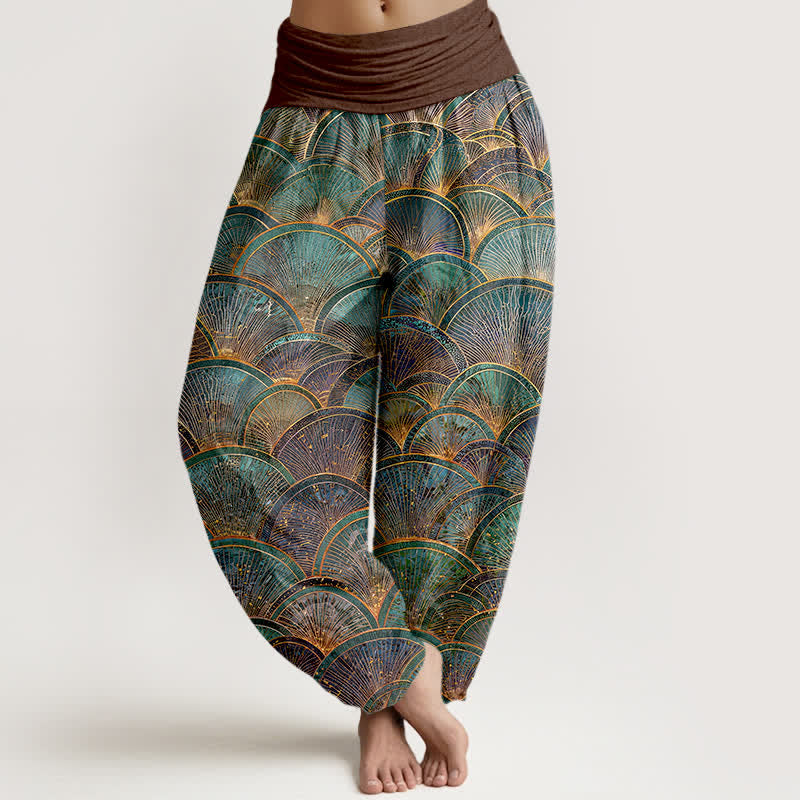 Nimara Ritual Pure Cotton Turquoise Fan Pattern Women's Elastic Waist Harem Pants