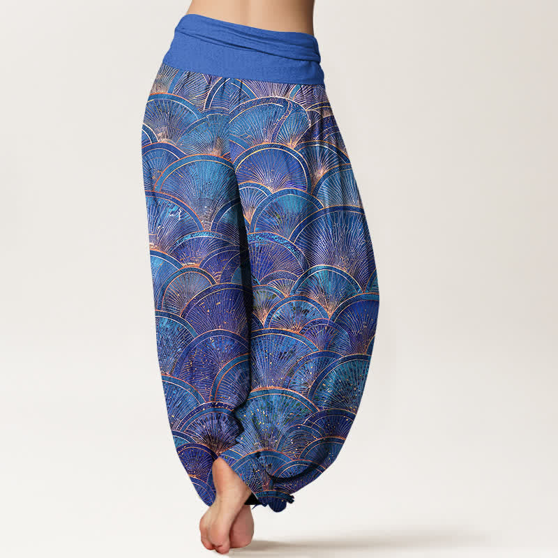 Nimara Ritual Pure Cotton Turquoise Fan Pattern Women's Elastic Waist Harem Pants