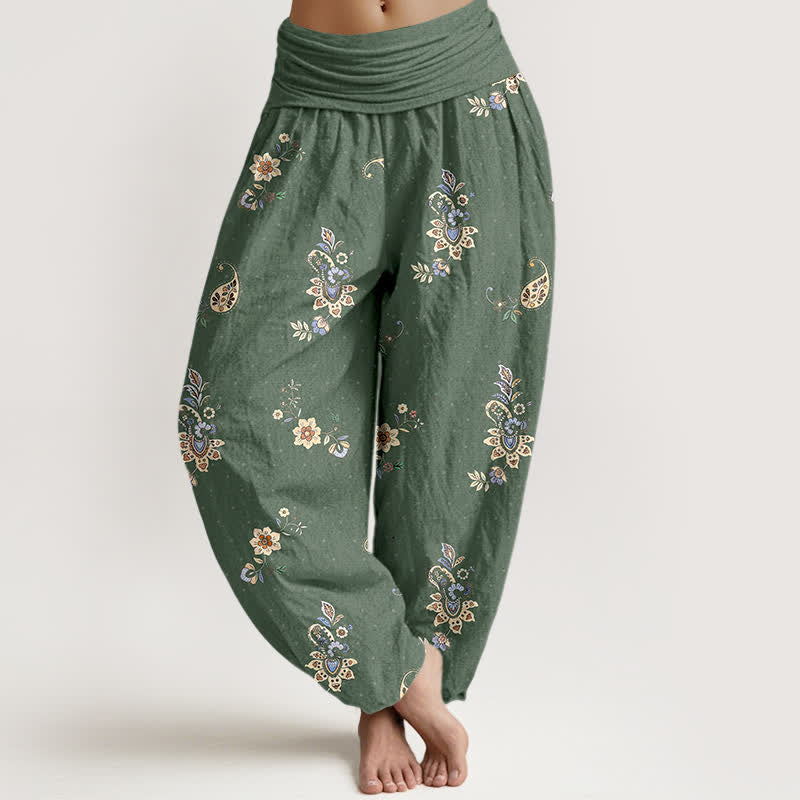 Nimara Ritual Pure Cotton Boho Paisley Floral Pattern Women's Elastic Waist Harem Pants