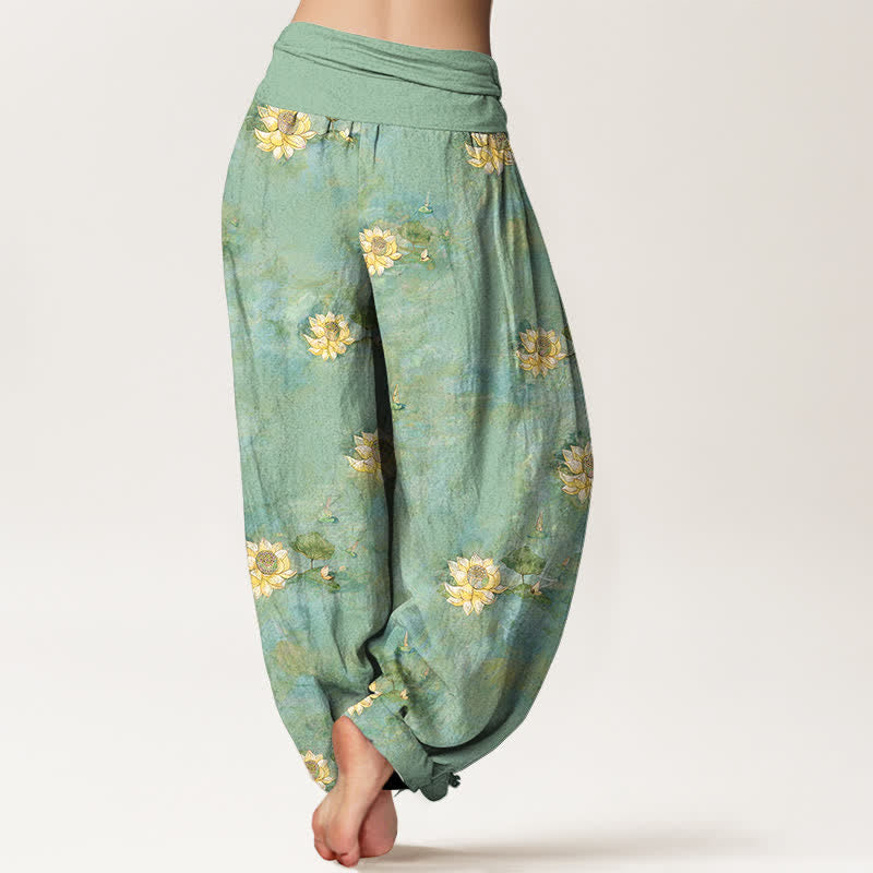 Nimara Ritual Cotton Yellow Lotus Scatter Pattern Women's Elastic Waist Harem Pants